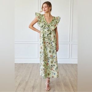 Mi Golondrina Andrea al Florence’s Verde Floral Ruffle Embroidered Maxi Dress S